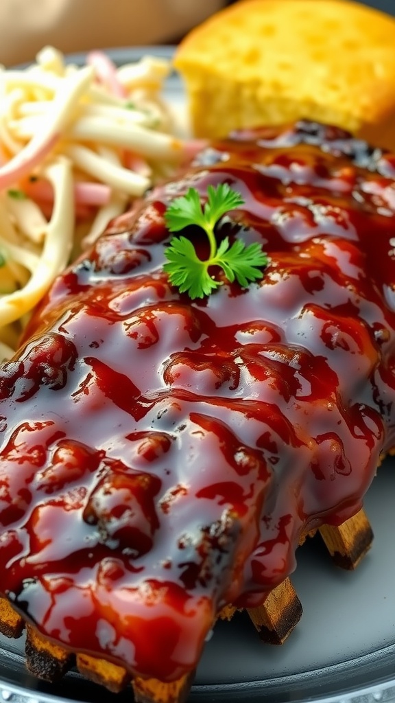Delicious barbecue ribs on a plate with coleslaw and cornbread, garnished with parsley.